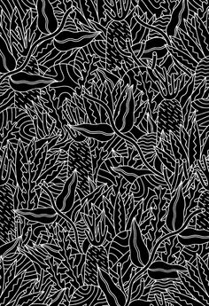 an abstract black and white background with lines in the shape of leaves, which are drawn by hand