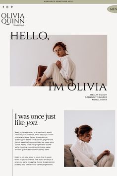 an image of a woman sitting in a chair with her hand on her chest and the words hello, i'm ollivia