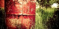 an old red fire hydrant sitting in the middle of some tall green grass and trees