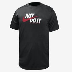 It's your game. Make sure everybody knows in this sweat-wicking Nike tee. Nike Black T-shirt For Sports Season, Dri-fit T-shirt For Sports Events, Dri-fit Graphic Print T-shirt For Sports, Black Dri-fit T-shirt For Sports Events, Sports Season Dri-fit Graphic T-shirt, Team Spirit Dri-fit T-shirt With Team Name, Dri-fit T-shirt With Team Name, Team Spirit Dri-fit T-shirt For Sports, Dri-fit Team Name T-shirt