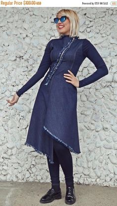 SALE 15% OFF Extravagant Denim Dress Asymmetrical Navy Dress https://www.etsy.com/listing/488538948/sale-15-off-extravagant-denim-dress?utm_campaign=crowdfire&utm_content=crowdfire&utm_medium=social&utm_source=pinterest Casual Asymmetrical Denim Dress, Cotton Dresses With Asymmetrical Hem For Fall, Trendy Stretch Cotton Denim Dress, Fitted Cotton Denim Dress For Winter, Indigo Fitted Long Sleeve Denim Dress, Indigo Long Sleeve Fitted Denim Dress, Indigo Knee-length Denim Dress, Wide Dress, Womens Denim Dress