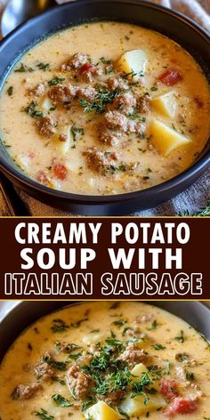 creamy potato soup with italian sausage in a bowl