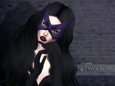 a woman with long black hair wearing a purple mask