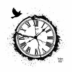 a black and white clock with birds flying around it