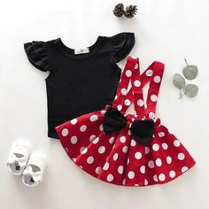 Toddler Girls Solid Color Flying Sleeve Top Polka Dot Halter Dress Set - PrettyKid Bow Skirt Outfit, Red Polka Dot Skirt, Dots Outfit, Polka Dots Outfit, Bow Skirt, Overall Skirt, Rock Outfit, Dress Sleeve Length