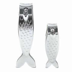 two silver fish shaped salt and pepper shakers on a white background with clippings