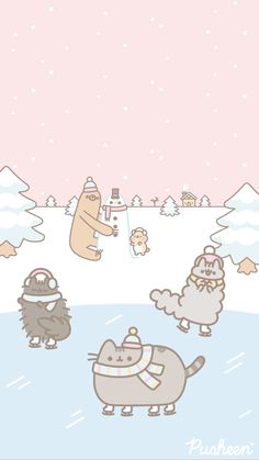 some animals are playing in the snow with each other and one is wearing a hat