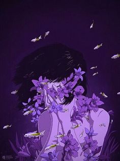 a painting of a woman with purple flowers in her hair and butterflies flying around her