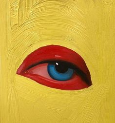 an eye painted on the side of a yellow piece of wood with red and blue paint