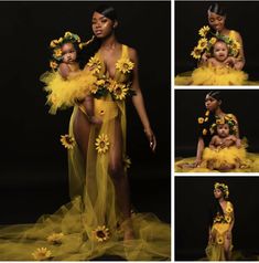 two women in yellow dresses with sunflowers on their heads and one holding a baby