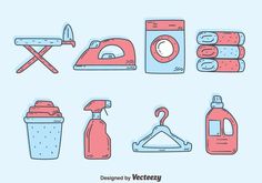 different types of household appliances are shown in this hand drawn style, including an iron, bottle