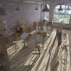 an artist's rendering of a room with chairs and desks