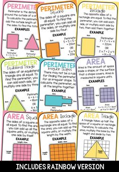 an array of different types of perimeters and area diagrams for students to use in the classroom