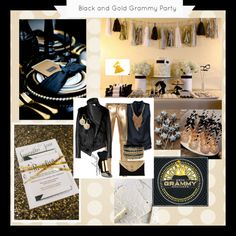 a collage of black and gold party items