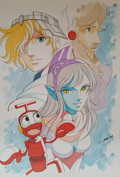 an image of some cartoon characters on a white paper with watercolor paint and pencils