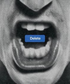 a close up of a person's face with the word delete on it