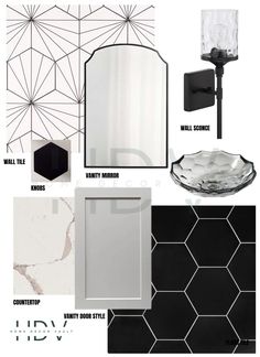 black and white bathroom design board with geometric wallpaper, glass bowl sink, toilet paper dispenser