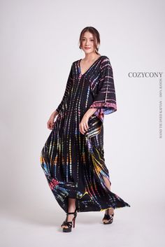 Colorful Black Tie Dye Kaftan CKF35 Beach Kaftan Holiday | Etsy Egypt Multicolor Floor-length Maxi Dress For Beachwear, Multicolor Boho Maxi Dress For Beach Cover-up, Multicolor Boho Maxi Dress For Beach, Flowy Floor-length Kaftan, Multicolor Floor-length Boho Dress, Multicolor Floor-length Maxi Dress For Festival, Multicolor Maxi Boho Dress For Festivals, Bohemian Long Sleeve Kaftan For Party, Multicolor Boho Maxi Dress For Festivals