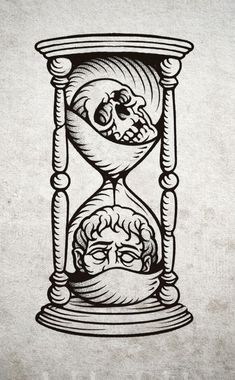 an hourglass with a drawing of a skull in it's face and brain inside