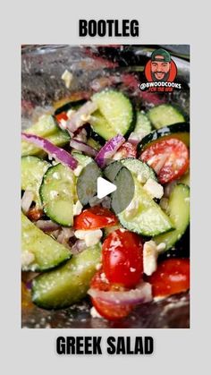 a bowl filled with cucumber and tomatoes on top of a table next to the words bootleg greek salad