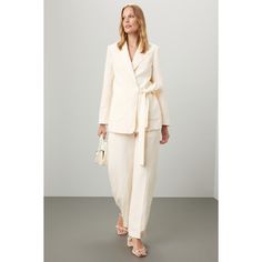 Off-white crepe (73% Lyocell (Tencel‚Ñ¢), 27% Linen). Lining (97% Polyester, 3% Elastane). Blazer. Long sleeves. Collar. Front button closure. 28.5" from shoulder to hemline. Imported. Elegant Off-white Workwear Blazer, Elegant Off-white Blazer For Work, Elegant Off White Blazer For Work, Summer Formal Cream Blazer, Summer Cream Formal Blazer, White Blazer For Daywear, Chic Cream Linen Blazer, White Summer Blazer For Workwear, White Summer Blazer For Work