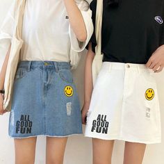 ALL GOOD FUN Smile Face Denim Skirt Vaporwave Cyberpunk, Aesthetics Vintage, Pastel Violet, Harajuku Clothes, Tony Moly, Kawaii Shop, Grunge Style, Soft Grunge, Kawaii Clothes