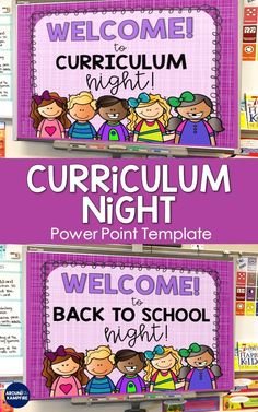 the back to school bulletin board is shown in purple and white with an image of children on