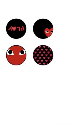 three buttons with hearts on them and the words love written in red, black and white