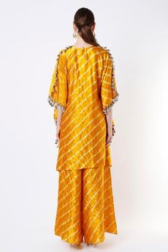 Shop for Payal Singhal Yellow Silk Leheriya Kaftan And Palazzo Set for Women Online at Aza Fashions Payal Singhal, Palazzo Set, Silk Kaftan, Yellow Silk, Luxury Sale, Embroidered Neckline, Fabric Silk, Embroidered Silk, Batwing Sleeve