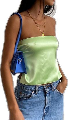 Green Backless Crop Top, Green Strapless Tank Top For Party, Y2k Style Summer Club Tube Top, Y2k Style Summer Tube Top For Club, Y2k Style Tube Top For Summer Clubbing, Summer Green Satin Camisole, Green Satin Camisole For Summer, Green Backless Tank Top For Party, Trendy Green Camisole For Parties