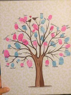 a handmade family tree with pink, blue and green leaves on the bottom half