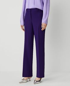 A classic leg-lengthening, slightly flared silhouette. Front zip with double hook-and-bar closure. Belt loops. Front off-seam pockets. Back besom pockets.,Leg Shape:Trouser – a pant with a bit of flare that lengthens legs,Rise:Mid rise: sits 2 1/4" below natural waist,Imported:Imported,Fit:Tailored & fitted,Length:Full length: 29" inseam with 21" leg opening,Fabrication:74% Polyester, 21% Rayon, 5% Spandex,Garment Care:Machine Washable The Petite Jayne Trouser Pant - Curvy Fit by Ann Taylor Size petite - 00 Midnight Mulberry Women's Curvy, Trouser, Pants, 74%, Polyester, 21%, Rayon, 5%, Spandex, Machine, Washable Classic Flare Pants With Pockets, Elegant Purple Wide Leg Pants For Work, Purple Workwear Pants With Belt Loops, Purple Work Pants With Belt Loops, Purple Straight Leg Work Pants, Elegant Tailored Purple Bottoms, Elegant Purple Straight Leg Bottoms, Trouser Pants, Ann Taylor