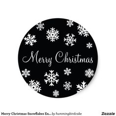 merry christmas snowflakes black and white round sticker with the words merry christmas on it