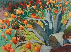 a painting of orange flowers in a field