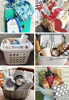 four pictures with different items in them including baskets, napkins, and other things