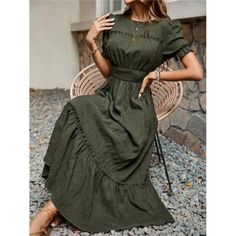 -Item Id 28094180 -Color: Army Green -Style: Casual -Pattern Type: Plain -Details: Frill, Ruffle Hem, Shirred -Neckline: Round Neck -Sleeve Length: Short Sleeve -Type: A Line -Sleeve Type: Puff Sleeve -Waist Line: High Waist -Hem Shaped: Layered/Tiered, Flounce -Length: Long -Fit Type: Regular Fit -Fabric: Slight Stretch -Material: Woven Fabric -Composition: 100% Polyester -Care Instructions: Hand Wash Or Professional Dry Clean -Sheer: No **Open To Offers!!!** **Bundle To Save More** **30% Off B Modest Summer Outfits Christian, Mission Outfits, Modest Spring Dresses, Earthy Outfits, Vestidos Vintage, Round Neck Dresses, Formal Dresses For Women, Ruched Dress, Clothing Size Chart