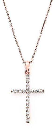 Bloomingdale's Diamond Cross Necklace in 14K Rose Gold, .25 ct. t.w. - 100% Exclusive Elegant Rose Gold Diamond Cross Necklace, Rose Gold Diamond Cross Pendant Jewelry, Rose Gold Diamond Cross Pendant, Elegant Rose Gold Crucifix Cross Necklace, Rose Gold Cross Necklace With Diamond Accents, Diamond Necklace Gift, Floating Diamond Necklace, Diamond Cross Necklace, Dainty Diamond Necklace