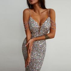 Rhinestone and sequins-studded stretch viscose jersey slip dress. Draped and symmetric. Straps with decorated safety pins. Invisible zipper fastening at centre back. Soiree Outfits, Colorful Prom Dresses, White Bandage Dress, Betty Dress, Deep V Neck Dress, Sequin Bodycon Dress, Party Kleidung, Viscose Dress, Sequin Party Dress