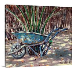 a painting of a wheelbarrow in front of some bamboo trees with leaves on the ground