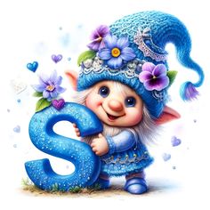 a cartoon character holding the number two with flowers on her head and wearing a blue hat