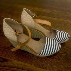 Never Worn, Navy And White Stripe Espadrille. Gap Sandals With Round Toe For Spring, Gap Casual Beach Sandals, Casual Gap Sandals For The Beach, Striped Espadrilles, Gap Shoes, Espadrille Wedge, Espadrille Shoes, Espadrilles Wedges, Navy And White