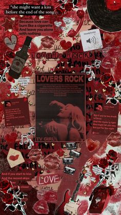 a collage of red and black images with words written on them, including an image of a woman's face