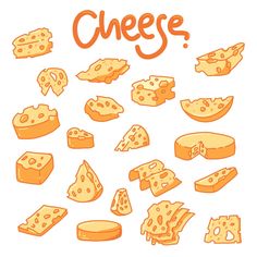 an image of different types of cheeses on a white background with the word cheese written in orange