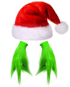 a red and white santa hat with green hair