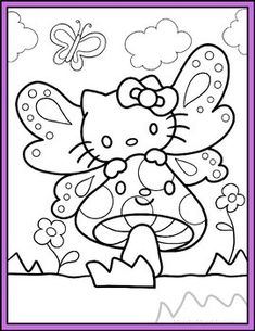 a hello kitty coloring page with an image of a butterfly and flowers in the background