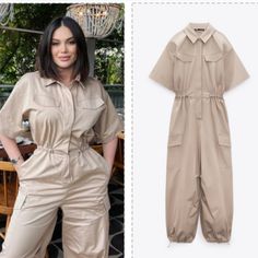 New With Tags Bloggers Favorite! Short Sleeve Khaki Jumpsuits And Rompers With Pockets, Khaki Short Sleeve Jumpsuit With Pockets, Khaki Short Sleeve Jumpsuits And Rompers With Pockets, Beige Jumpsuits And Rompers With Pockets For Work, Zara Fitted Short Sleeve Jumpsuit, Zara Beige Jumpsuit For Workwear, Zara Beige Jumpsuits And Rompers For Work, Fitted Beige Zara Jumpsuits And Rompers, Rose Formal