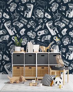 the wallpaper in this children's room is decorated with black and white doodles