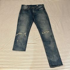 Levi’s Made In Japan For Sale. Distressed Beautiful Denim. One Leg Was Cut Out, Great Unused Conditions. Affordable Levi's Text Print T-shirt, Levis Men, Levi's Jeans, Levis Jeans, Made In Japan, Levi's, Cut Out, Color Blue, Man Shop