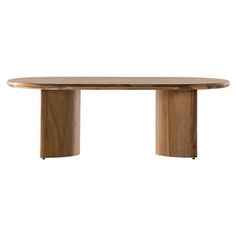 an oval wooden table with two legs and a circular top, on a white background