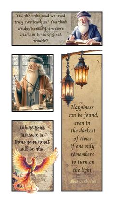 three different pictures with words on them and an image of a wizard sitting at a table